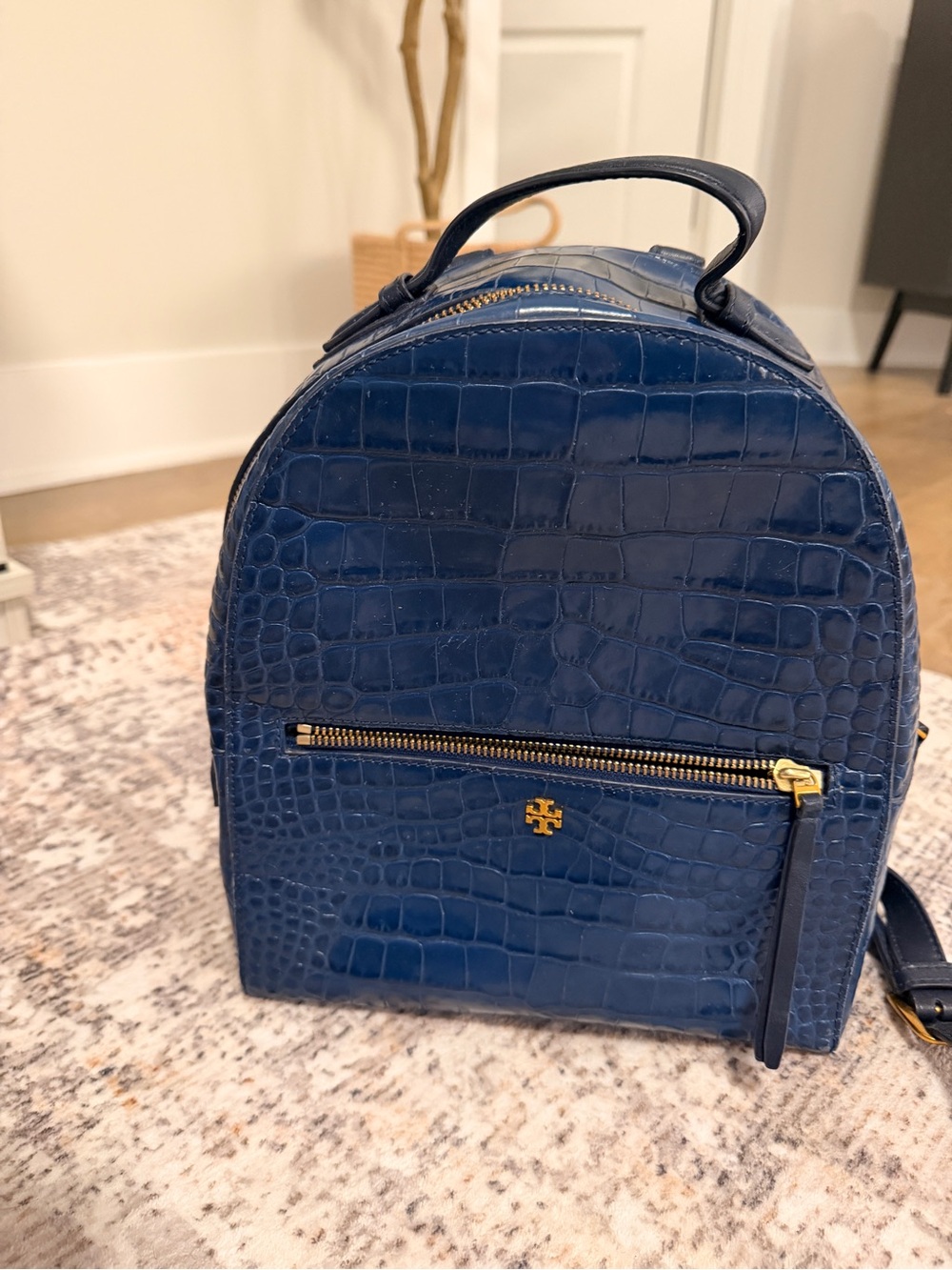 Tory Burch Croc-Embossed Navy Mini Backpack with Gold Hardware